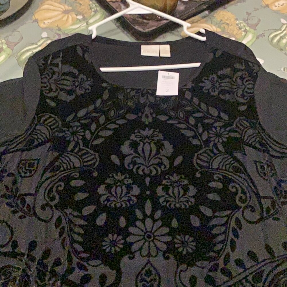 NWT $129 Chico's black velvet elegance fringe hem  top M - L size 2